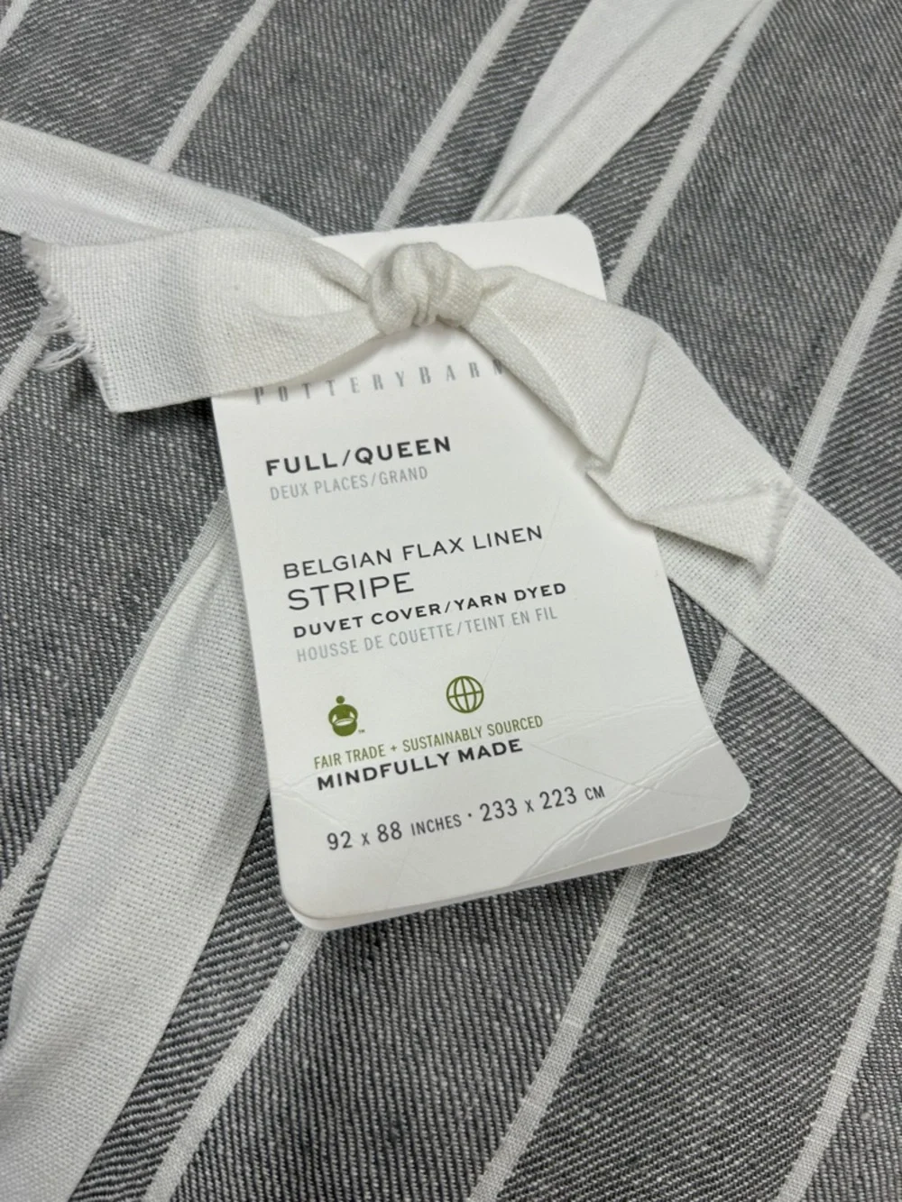 Pottery Barn Belgian Flax Linen Stripe Duvet Cover Full Queen Flagstone Gray NWT